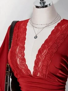 SHEIN ICON 女款大尺碼復古性感千禧風Y2K簡約休閒優雅通勤都市現代蕾絲P - 紅色 - 查看 5
