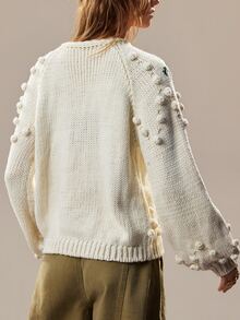 SHEIN Handmade 3D Pom Pom Floral Embroidered Chunky Knit Cardigan, Off-White Round Neck Loose Petal Sleeve Knitted Jacket - Apricot - View 2