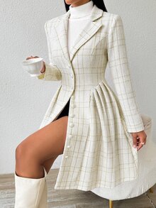 SHEIN Lady Women's Plaid Lapel Neck Long Sleeve Single-Breasted Elegant Midi Dress - Pearl White - View 5