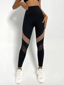 SHEIN PariChic Legging Olahraga Tanpa Jahitan Pinggang Tinggi dengan Motif Jala dan Patchwork - MultiWarna - View 4