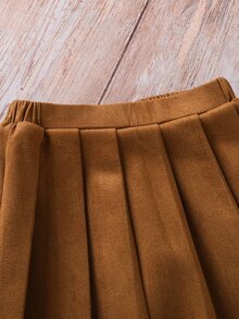SHEIN 少女編織素色立領休閒襯衫+背心+裙子外套三件套 - 卡其色 - 查看 5