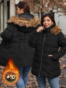 Reflora Plus Size Winter Fur Collar Hooded Warm Jacket - Black - View 1