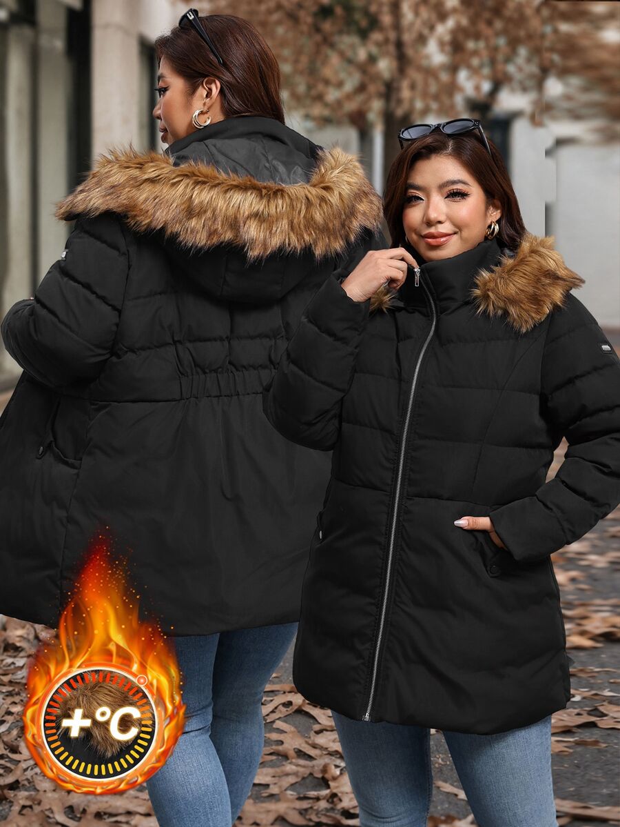 Reflora Plus Size Winter Fur Collar Hooded Warm Jacket - Black - View 1