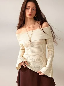 Willow Rêve Women's Ivory White Slim Fit Knitted Top, Hollow Knit Off-Shoulder Flare Sleeve Geometric Pattern Design, Western Bohemian Romantic Pastoral Style; Suitable For Autumn Date Night Wear - Cream - View 1