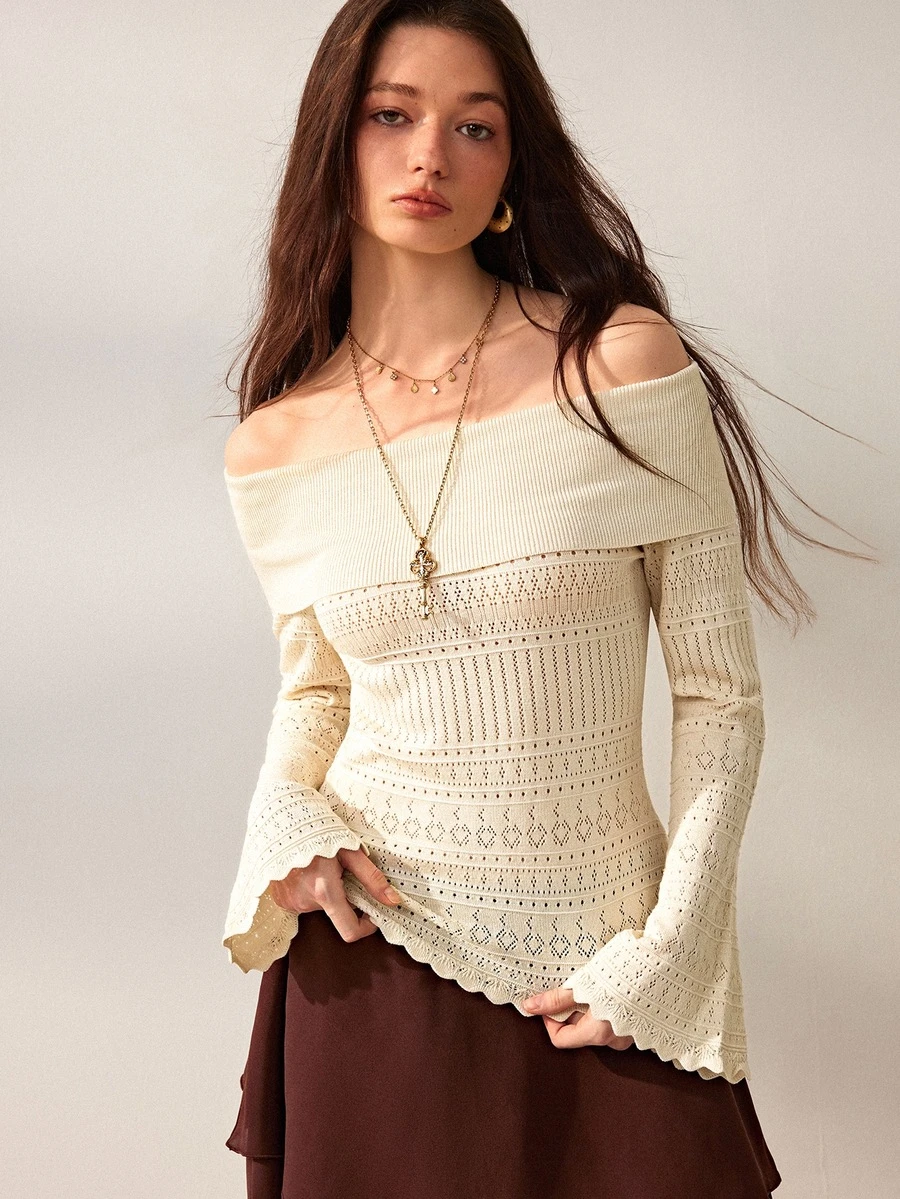 Willow Rêve Women's Ivory White Slim Fit Knitted Top, Hollow Knit Off-Shoulder Flare Sleeve Geometric Pattern Design, Western Bohemian Romantic Pastoral Style; Suitable For Autumn Date Night Wear - Cream - View 1