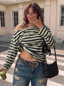 SHEIN CURVE+ 女款大尺碼 22W 秋季/冬季條紋寬鬆大尺碼 T 恤 - 彩色 - 查看 6