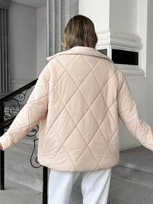 Pariaura Mantel Empuk Longgar Kerah Tegak Bermotif Berlian Berlapis Warna Beige Almond Minimalis untuk Komuter - Aprikot - View 2