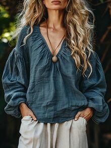 Breezaya Pastoral Slouchy V-Neck Pleated Lantern Sleeve Plus Size Top - Blue - View 1