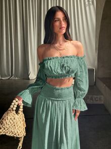 Opulessa 春夏度假純色梭織露肩上衣與裙子女款兩件套 - 綠色 - 查看 6