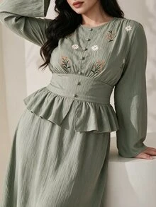 Solavon Plus Size Women's Floral Embroidered Waist-Cinching Blouse And Skirt Casual 2 Pieces Set - Green - View 4