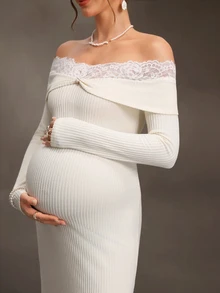 Cheriluna Maternity Cherish Maternity-D Women's Autumn/Winter Apricot Knit Ribbed Fabric Patchwork Lace Cold Shoulder Maternity Dress, Party, Gathering Essential - Apricot - View 4