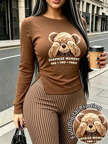Rovax 女款字母卡通印花長袖上衣與條紋長褲兩件套 - 彩色 - 查看 1