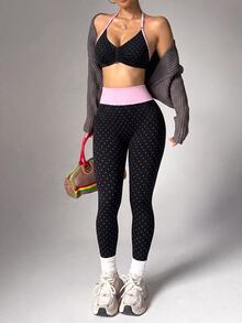 Slayform Women's Polka Dot Print Backless Halter Top & Leggings Sports Set - Black - View 4