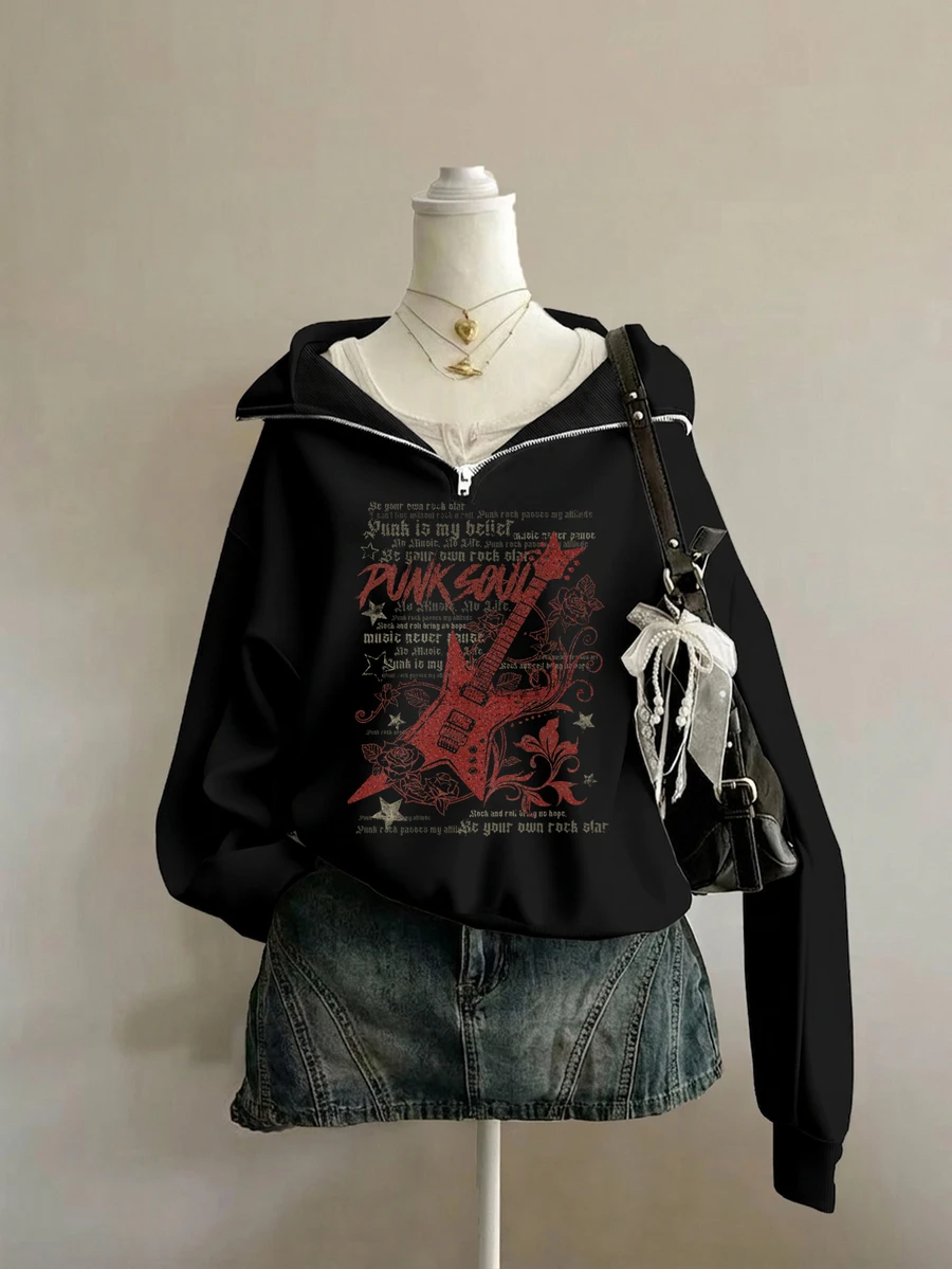 Attitoon 女款吉他印花黑色寬鬆半拉鍊高領薄款運動衫套頭衫,厚實材質,適合秋冬 - 黑色 - 查看 1