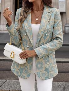 SHEIN Clasi Women's Vintage Jacquard Faux Pearl Button Long Sleeve Blazer - Cadet Blue - View 3