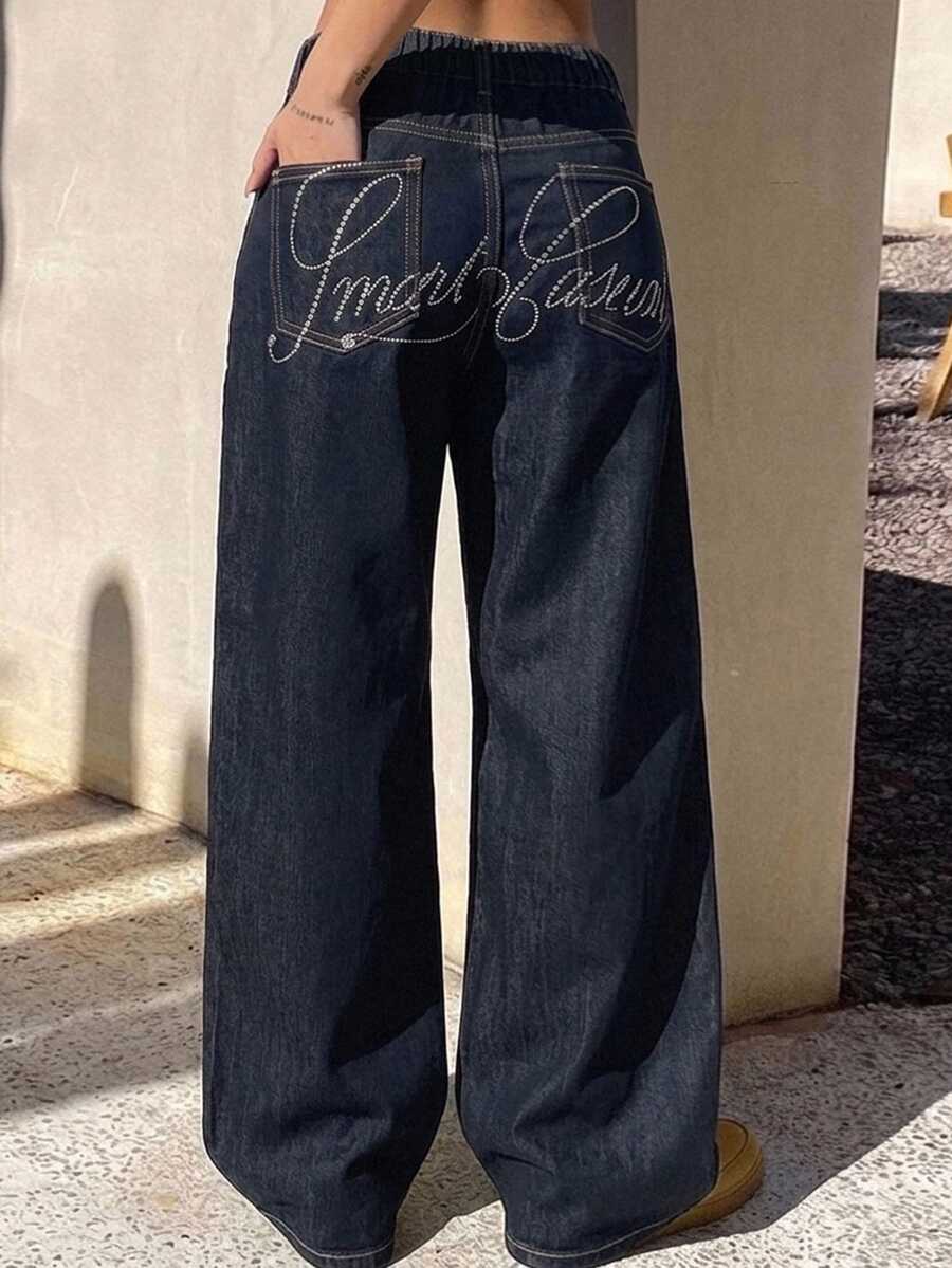 Dazy Plus Plus Size Letter Rhinestone Decor Casual Button Pocket Denim Jeans - Dark Wash - View 1