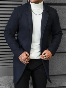 Manfinity CasualCool 男士海軍藍羊毛翻領大衣，商務百搭中長款外套夾克，秋冬款 - 藏蓝色 - 查看 5