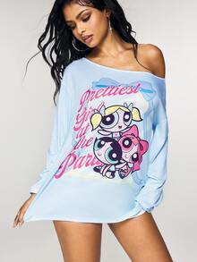 THE POWERPUFF GIRLS X SHEIN Women's Letter Print Drop Shoulder Long Sleeve Casual T-Shirt - Baby Blue - View 3
