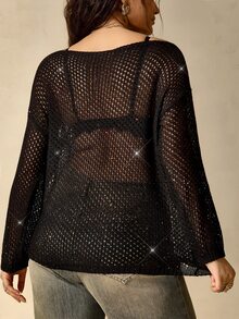 Nubod Sweater Kasual Wanita Ukuran Besar Warna Polos Bahu Asimetris untuk Sehari-hari di Musim Gugur - Hitam - View 2