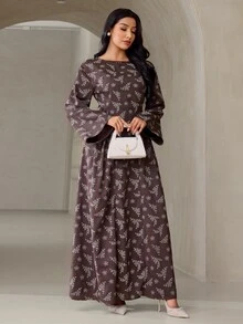 Veilorie Women's French Style Ruched Waist Jacquard Long Sleeve Dress - Coffee Brown - View 7
