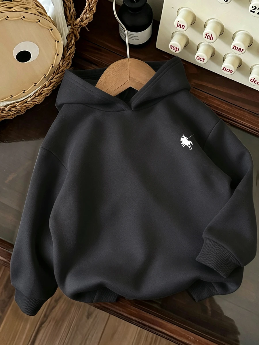 青少年女孩刺繡寬鬆連帽衛衣,舒適厚實柔軟保暖秋季上衣,開學季穿搭 - 深灰色 - 查看 1