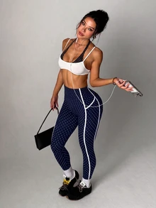 Dewbera Dewbera 女款極簡波點與條紋印花高腰運動緊身褲 - 藏蓝色 - 查看 7