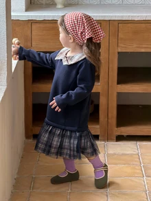 DAZY Baby Girl Plaid Mesh Colorblock Casual Summer Dress - Navy Blue - View 6