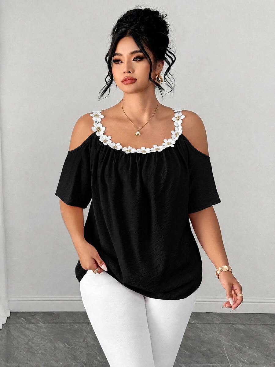 Elenzga Plus Size Round Neck Patchwork Lace Collar Cold Shoulder Short Sleeve Meteor Pleated Texture Pink Blouse - Black - View 1