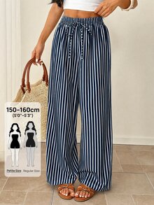 SHEIN PETITE Women's Casual Striped Pants, Clothing, Fall Wear Beach Blue White Stripe - Navy Blue - View 5