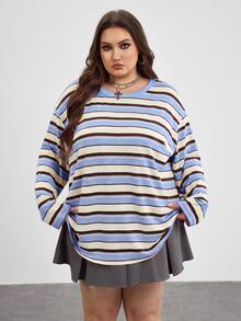 SHEIN CURVE+ 大尺碼 2026 秋季圓領露肩粉色寬鬆 1920s 80s 長版，冬季 22W 返校季 - 藍色 - 查看 6