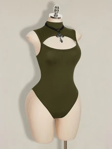 SHEIN ICON 女款大尺碼鏤空設計立領無袖連身衣 - 軍綠色 - 查看 7