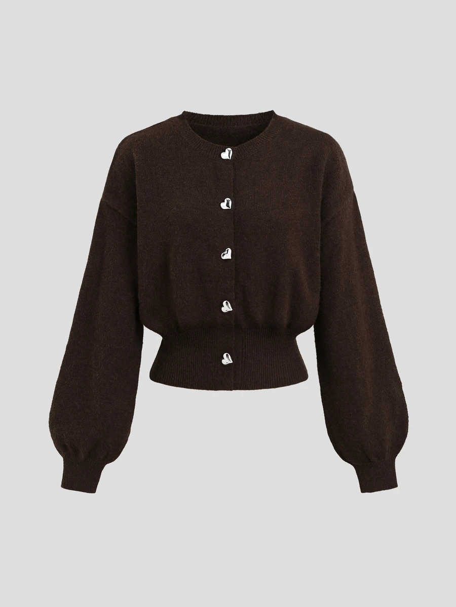Sweetra Brown Casual Fashion Commute Minimalist Cute Heart Button Round Neck Knit Cardigan For Women - Coffee Brown - View 1
