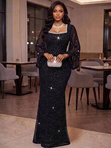 Fleurora Plus Size Exquisite Sequin & Faux Pearl Decorated Dress - Black - View 5