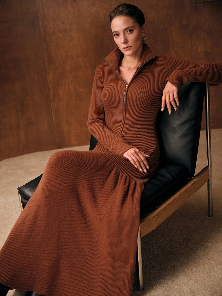 MOTF PREMIUM WOMEN'S SOLID COLOR PLEATED CASUAL DAILY KNIT DRESS - Rust Brown - View 1
