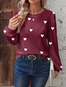Trelyra Fashion Basic Retro Colorblock Red Base White Heart Print Round Neck Puff Long Sleeve T-Shirt - Multicolor - View 3