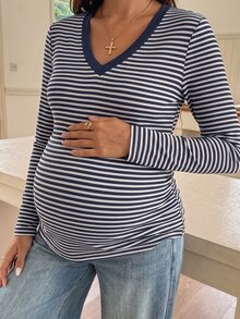 SHEIN 孕婦條紋V領休閒日常穿著T恤 秋季 - 寶藍色 - 查看 2