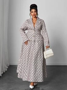 Maweii Plus Size Women's Casual Commute Elegant Woven Printed Autumn 2 Pieces Set Fall - Multicolor - View 7