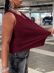 SHEIN CURVE+ 女款大尺碼休閒基礎修身白色圓領露肩背心，舒適面料適合夏季 - 紫紅色 - 查看 9