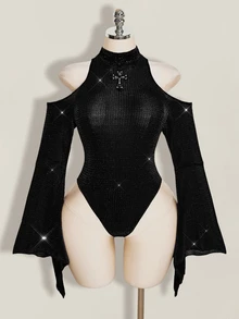 SHEIN ICON 大尺碼立領誇張喇叭袖透視亮面連身衣，音樂節穿搭，派對裝 - 黑色 - 查看 3