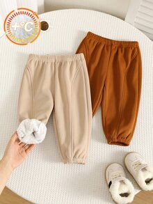 SHEIN 2件裝嬰兒男孩女孩通用純色百搭舒適抓絨內裡加厚秋冬彈性腰頭收口慢跑褲 - 彩色 - 查看 1