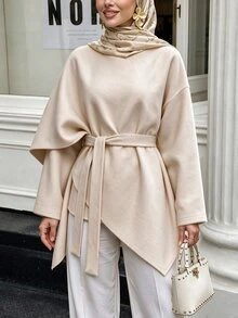 SHEIN Unity 女款披肩式優雅時尚收腰繫帶前襟休閒通勤上衣外套，百搭羊毛混紡 - 杏色 - 查看 8