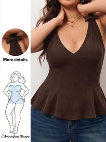 Enliva Plus Size Women Elegant Minimalist V-Neck Bow Decor Tank Top - Brown - View 1