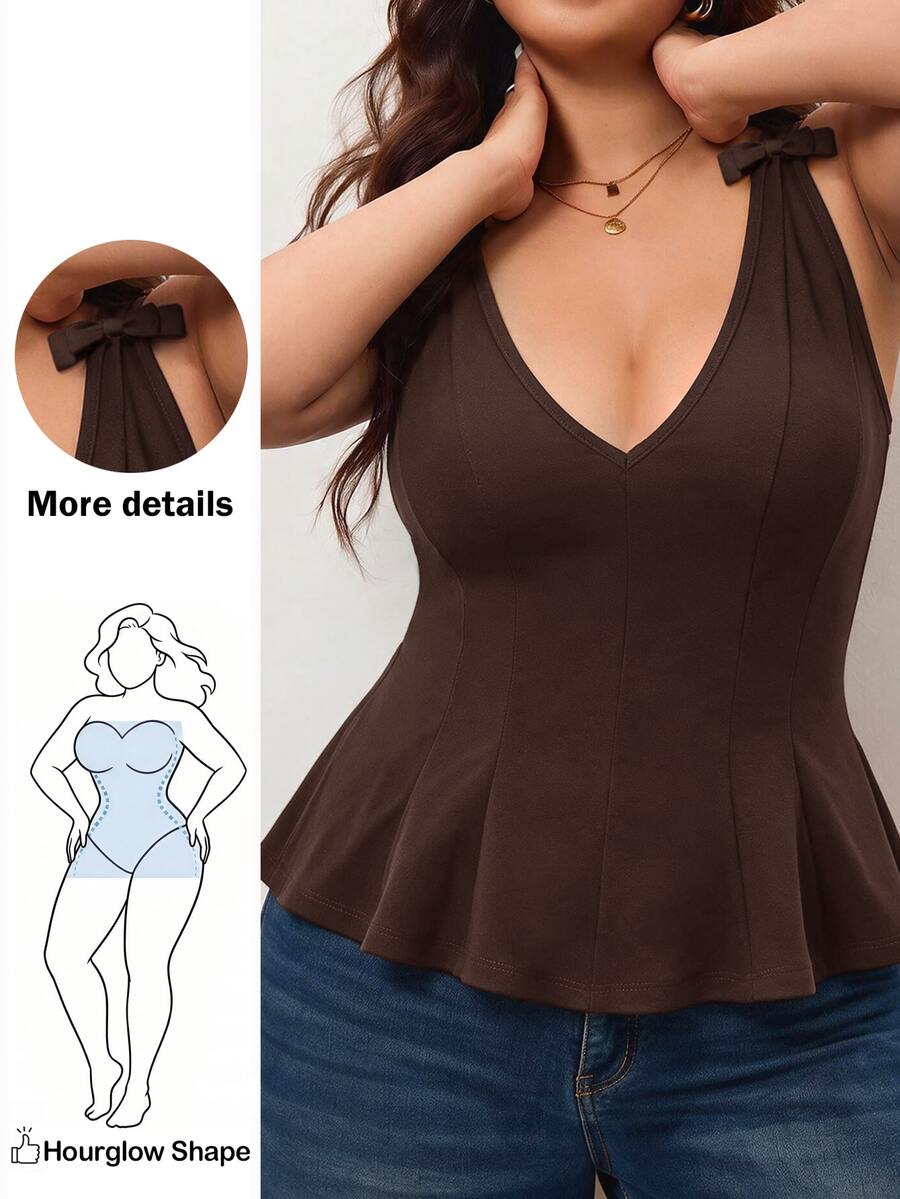 Enliva Plus Size Women Elegant Minimalist V-Neck Bow Decor Tank Top - Brown - View 1