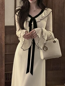 DAZY White Contrast Black Trim Ruffle Collar Tie Bow Bell Sleeve Elegant Knit Dress Fall Long Sleeve Tops - Apricot - View 1