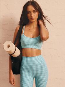 Aralina Atasan Camisole Kotak-kotak Wanita dan Legging Pinggang Tinggi, Pakaian Olahraga Kasual Sehari-hari - Teal Blue - View 1