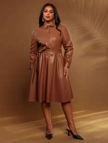BrightlyHer Plus Size Women's Solid Color Long Sleeve Button Half-Placket PU Leather Fashion Dress - Brown - View 6