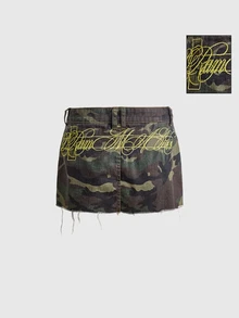ROMWE Street Life Minifalda de Mezclilla con Bordado de Eslogan, Color Contrastante y Camuflaje Estilo Punk Callejero de Verano - Multicolor - Ver 1