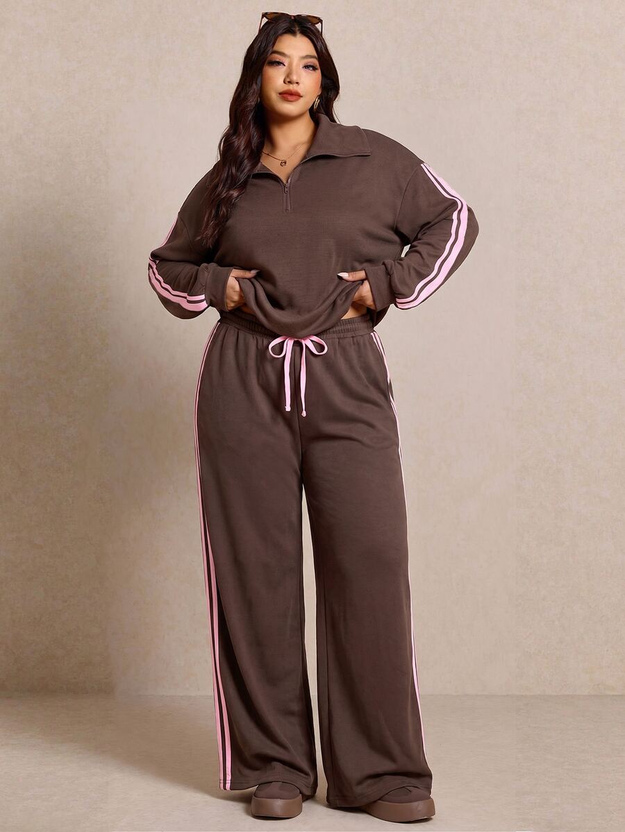 Elaquor Plus Size Women's Side Stripe Zipper Design Sweatshirt And Wide Leg Pants Casual 2 Pieces Set - Coffee Brown - View 1