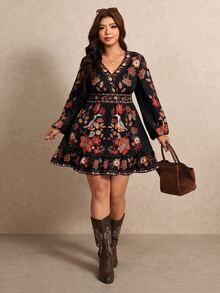 Elaquor Plus Size Vintage Fashion Floral Print Long Sleeve Dress - Multicolor - View 1