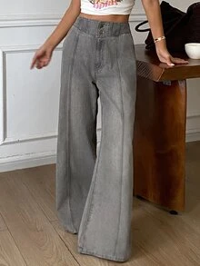 Livesso Women's Street Style Button Loose Wide Leg Jeans - Grey - View 6